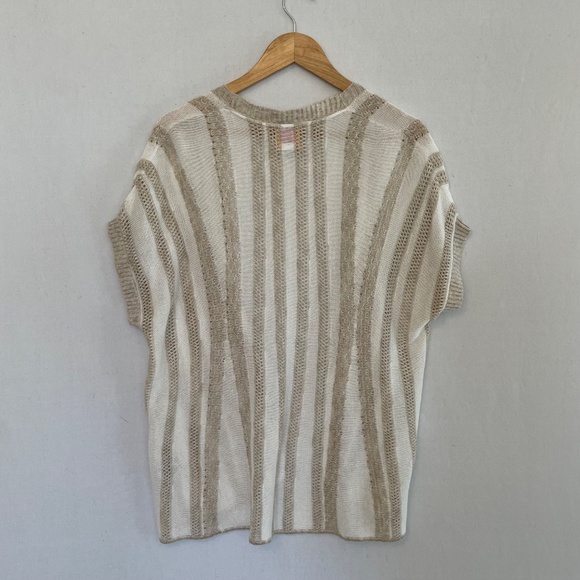 RUBY RD. Women’s Size Large Open Front Knit Cardigan Tan & Ecru Short Sleeve - Picture 3 of 5